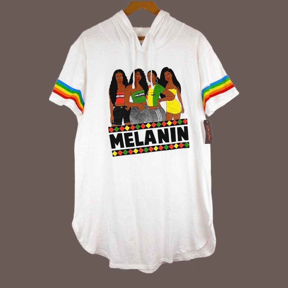 NEW On Fire Melanin Women Dress White 100% Cotton Rainbow Hooded Size 2X